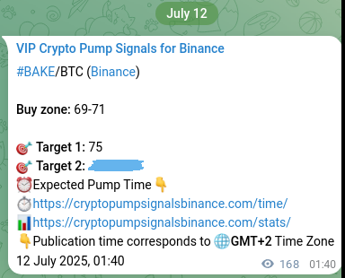 Crypto pump signal proof: Verify BAKE on Binance, 12 July 2025, 06:19 Crypto pump signal analytics for BAKE on Binance, 12 July 2025, 06:19