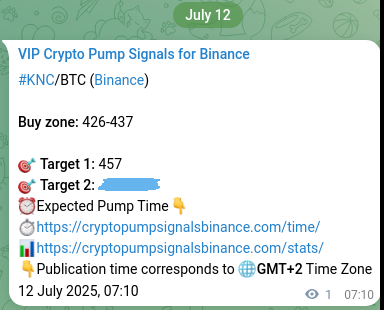 Real-time proof of KNC pump signal on Binance, 12 July 2025, 07:13 Signal verification: KNC pump on Binance at 12 July 2025, 07:13