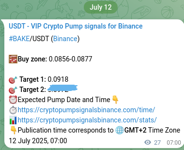 Verify the crypto pump signal for BAKE on Binance, 12 July 2025, 07:45 Crypto pump signal verification for BAKE on Binance, 12 July 2025, 07:45
