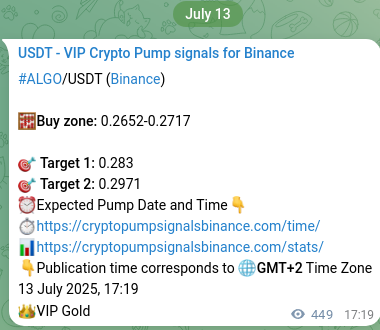Crypto pump signal confirmation: ALGO on Binance, 14 July 2025, 05:47