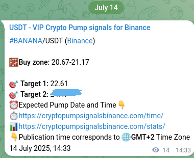 Binance trading signal confirmation for BANANA pump, 14 July 2025, 14:56
