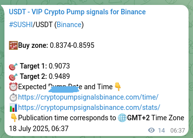 Trading signal proof: SUSHI pump from Binance, 18 July 2025, 07:00