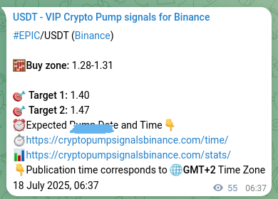 Binance pump signal data for EPIC at 18 July 2025, 08:07