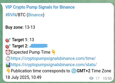 Binance trading signal proof for RVN pump, 18 July 2025, 11:18 Crypto pump signal analytics for RVN on Binance, 18 July 2025, 11:18