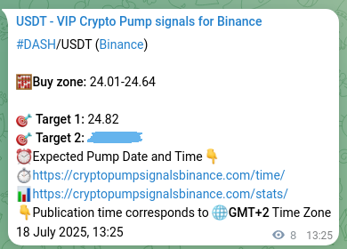 Trading signal verification: DASH pump from Binance, 18 July 2025, 13:38