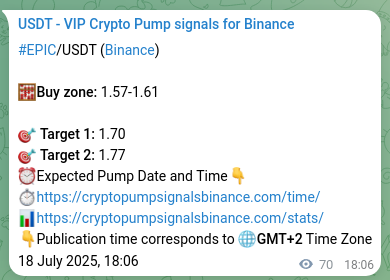 Crypto market signal proof: EPIC pump on Binance, 18 July 2025, 20:03