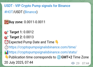 Crypto signal proof: HOT pump on Binance, 20 July 2025, 08:31