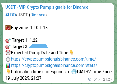 Crypto pump signal confirmation: LDO on Binance, 20 July 2025, 11:50