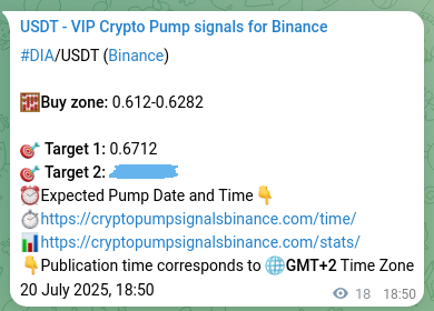 Crypto pump signal proof: DIA on Binance, 20 July 2025, 19:20
