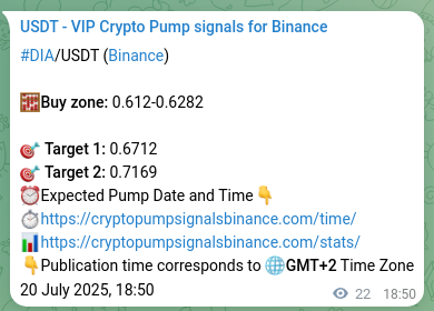 Binance trading signal proof for DIA pump, 20 July 2025, 19:28