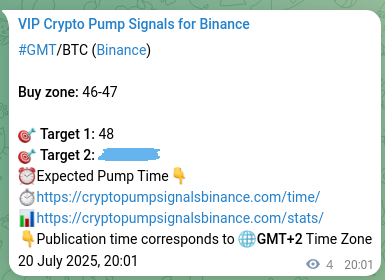 Crypto trading signal proof: GMT pump on Binance, 20 July 2025, 20:08