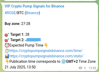 Crypto pump signal analytics for ROSE on Binance, 21 July 2025, 13:57 Binance pump signal proof for ROSE on 21 July 2025, 13:57