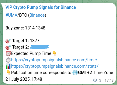 Signal accuracy review: UMA pump confirmation on Binance, 21 July 2025, 17:53 Pump evidence: UMA signal delivery on Binance, 21 July 2025, 17:53