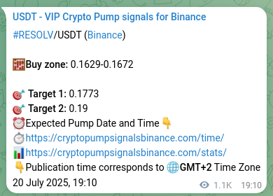 Crypto pump signal proof: Verify RESOLV on Binance, 22 July 2025, 01:14 Crypto pump signal proof: RESOLV on Binance, 22 July 2025, 01:14