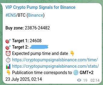 Trading signal proof: ENS pump from Binance, 23 July 2025, 02:42