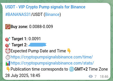 Proof of BANANAS31 pump signal on Binance at 28 July 2025, 18:57