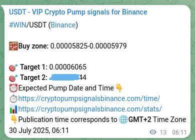 Binance pump signal verification for WIN at 30 July 2025, 06:33