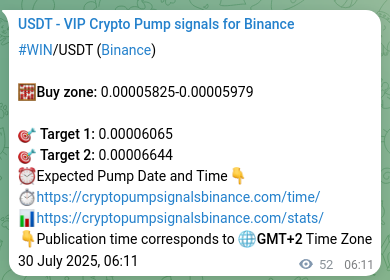 Trading signal verification: WIN pump from Binance, 30 July 2025, 07:39