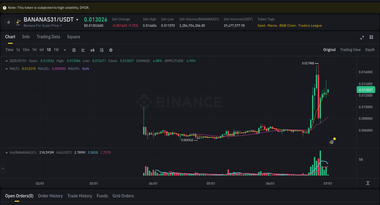 Learn about the BANANAS31 price movement analysis from Binance, 01 July 2025, 04:41 BANANAS31 trading report showing pump trends on Binance, 01 July 2025, 04:41