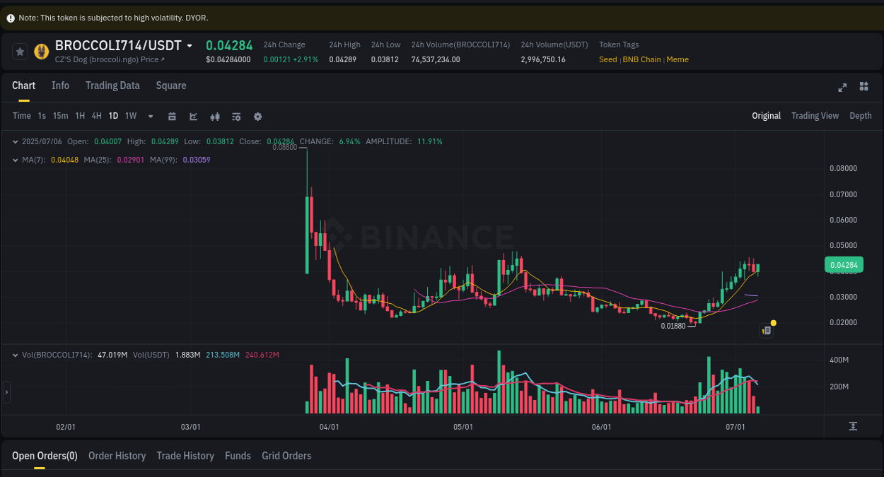View the exchange pump report for BROCCOLI714 on Binance, 06 July 2025, 15:22 Binance exchange trading report for BROCCOLI714, 06 July 2025, 15:22