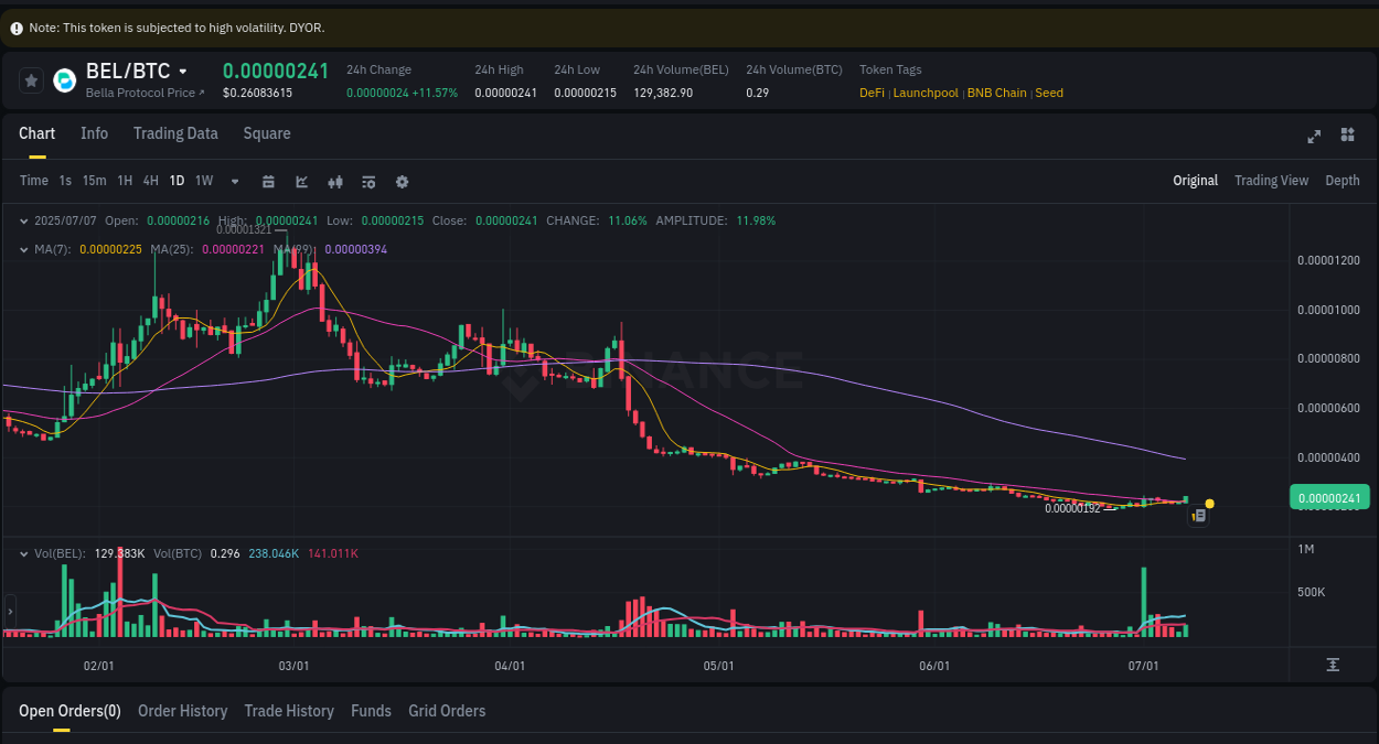 Crypto pump analytics for BEL on Binance, 08 July 2025, 01:44 Report of BEL pump on Binance at 08 July 2025, 01:44