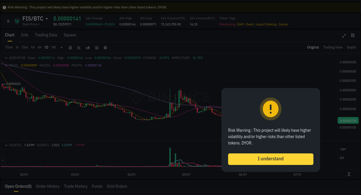 Crypto trading report: FIS pump on Binance, 08 July 2025, 08:19 FIS price surge report from Binance, timestamp: 08 July 2025, 08:19