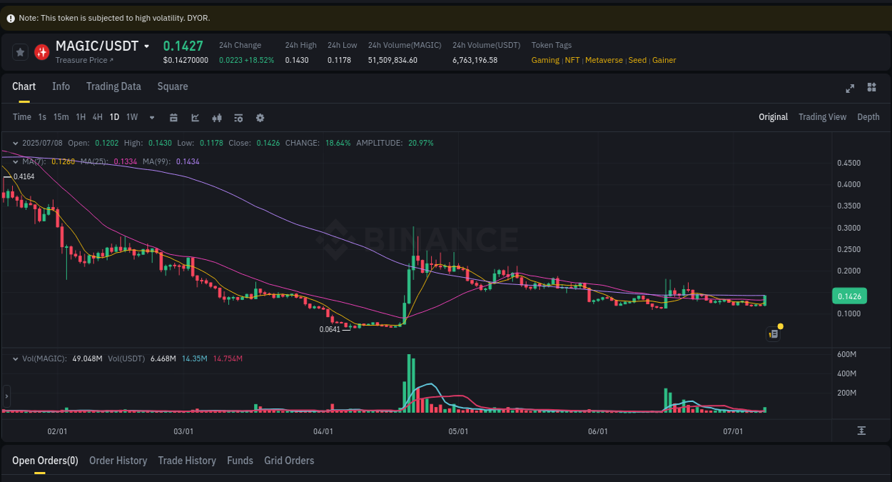 View the trading report for MAGIC pump on Binance, 08 July 2025, 16:19 Binance trading data for MAGIC pump, 08 July 2025, 16:19