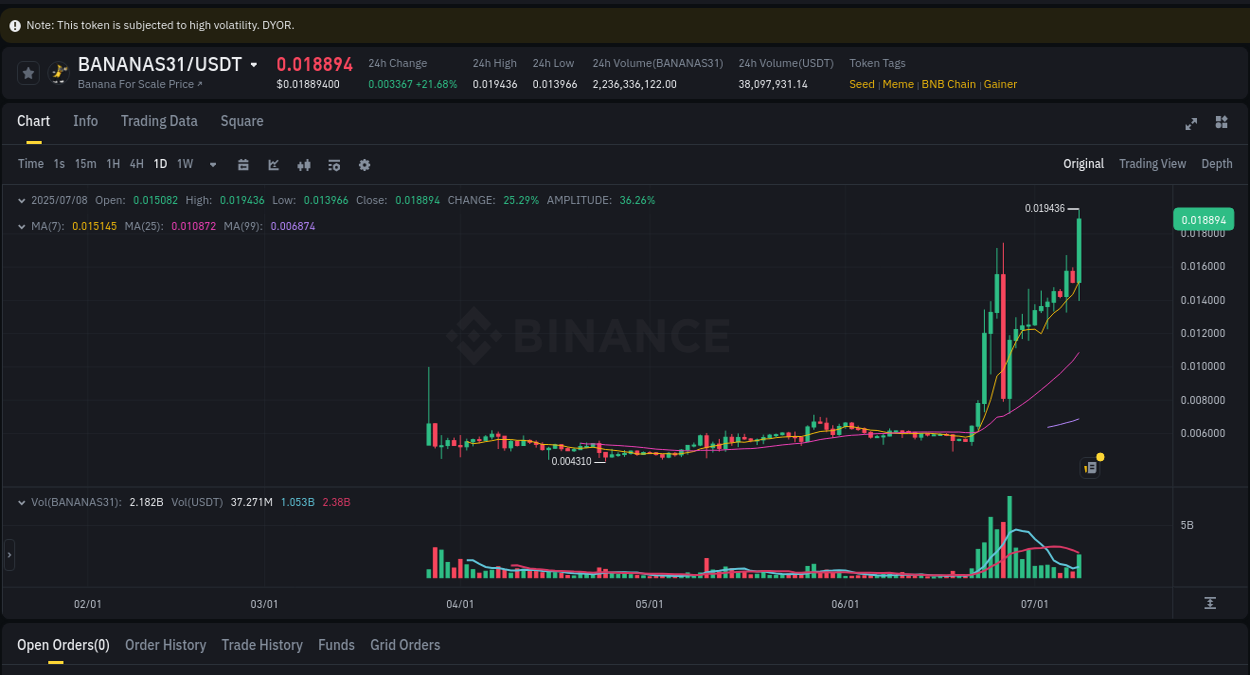 Analyze the crypto trading report for BANANAS31 pump on Binance, 08 July 2025, 20:48 Crypto trading analysis: BANANAS31 pump on Binance, 08 July 2025, 20:48