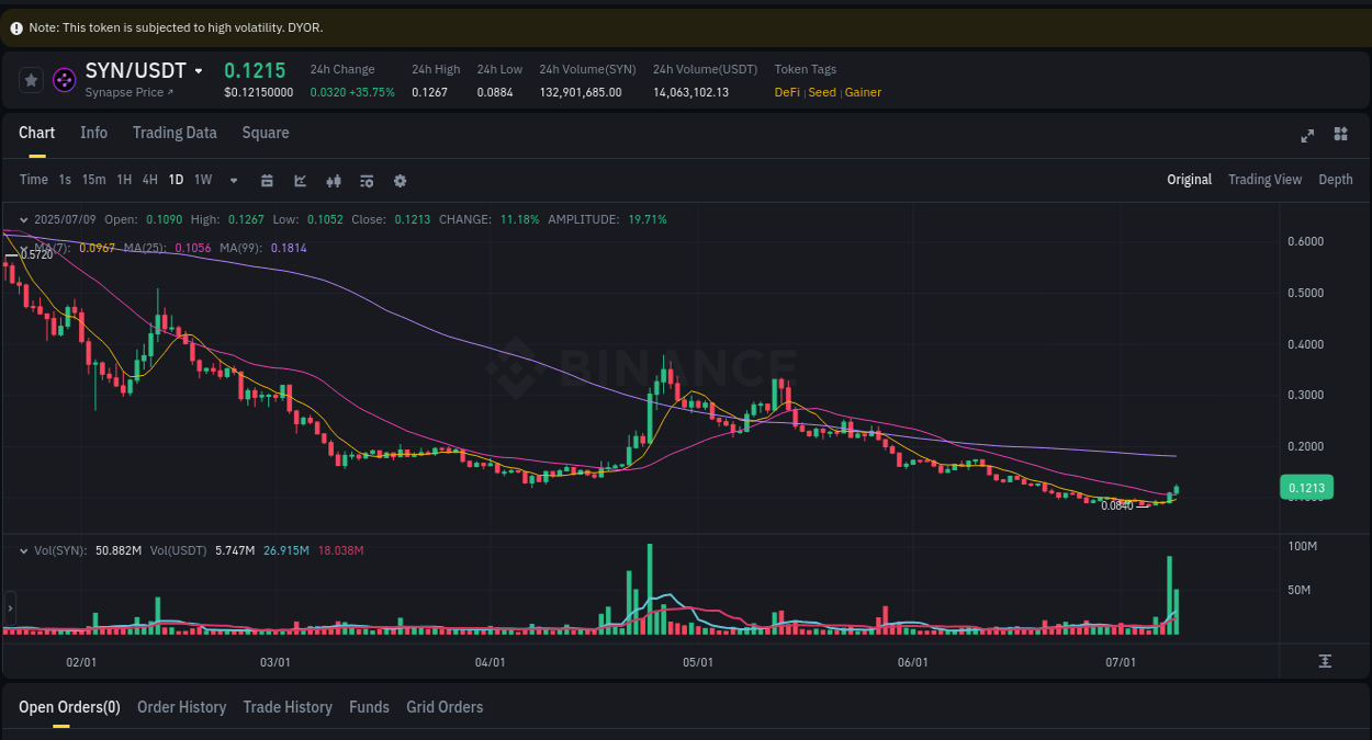 See the trading data for SYN pump on Binance, 09 July 2025, 10:03 Trading data for SYN pump on Binance, 09 July 2025, 10:03