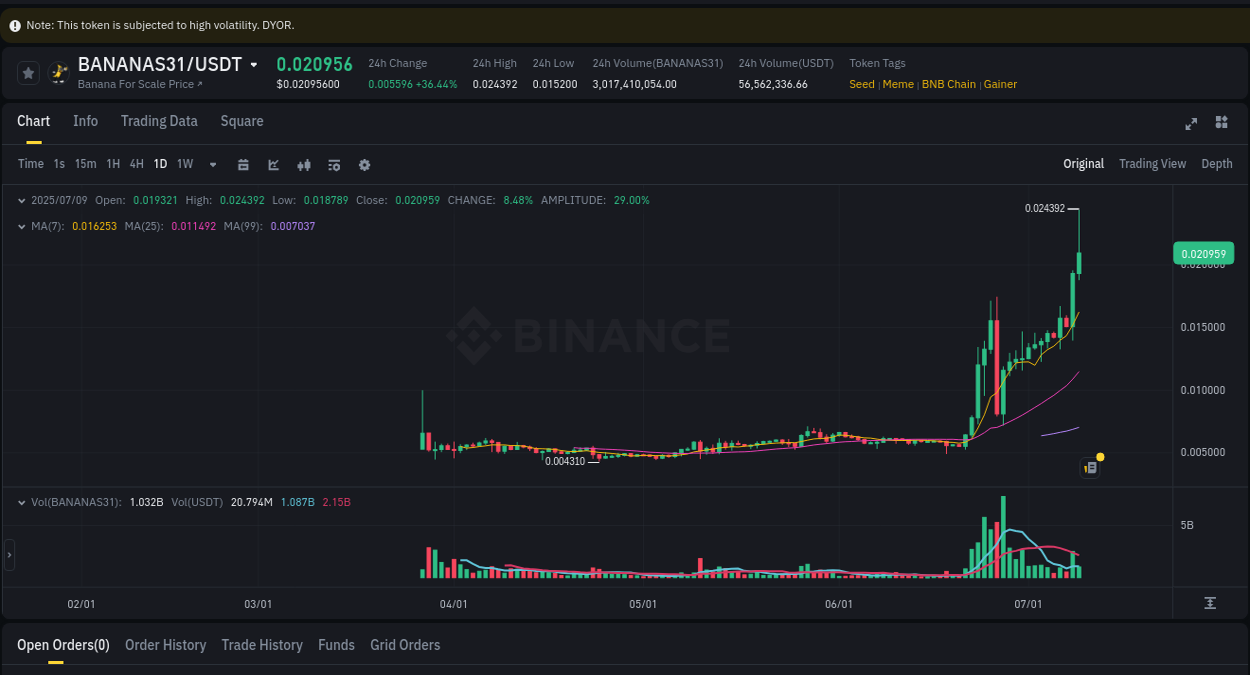 Trading insight: BANANAS31 pump report from Binance, 09 July 2025, 11:43 Trading insight: BANANAS31 pump report from Binance, 09 July 2025, 11:43