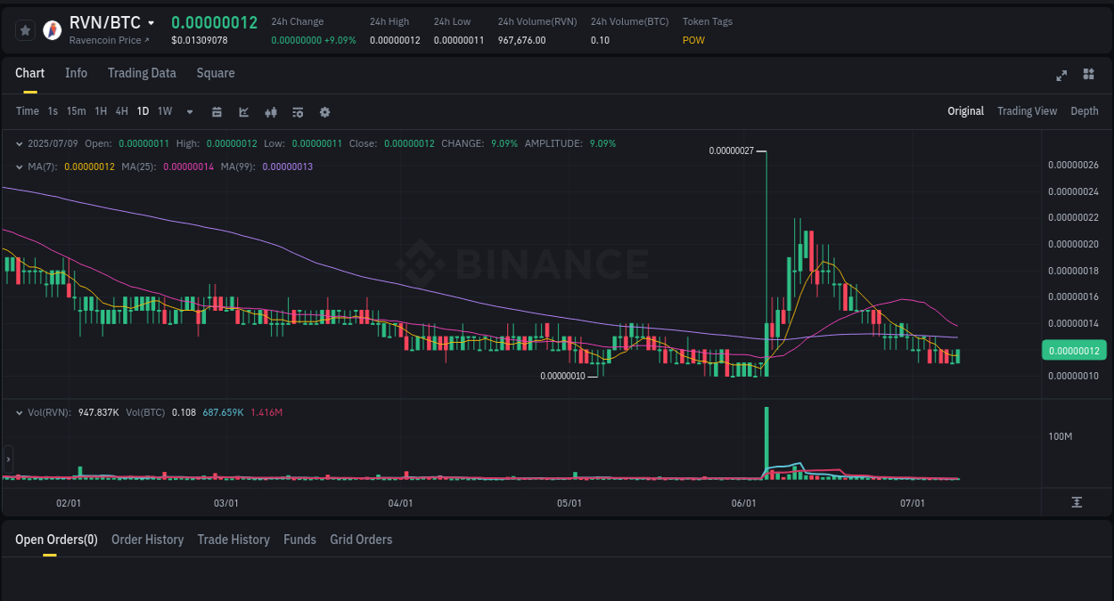 Binance exchange pump report for RVN, 09 July 2025, 17:59 Market analysis: RVN pump on Binance at 09 July 2025, 17:59