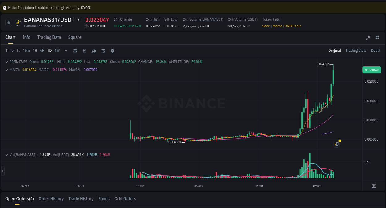 View pump trends for BANANAS31 at 09 July 2025, 20:01 Binance pump trends for BANANAS31 at 09 July 2025, 20:01