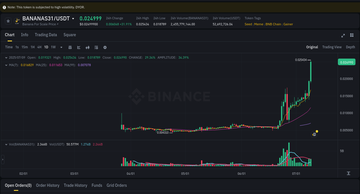 Binance pump data for BANANAS31 at 09 July 2025, 23:23 Binance pump data for BANANAS31 at 09 July 2025, 23:23