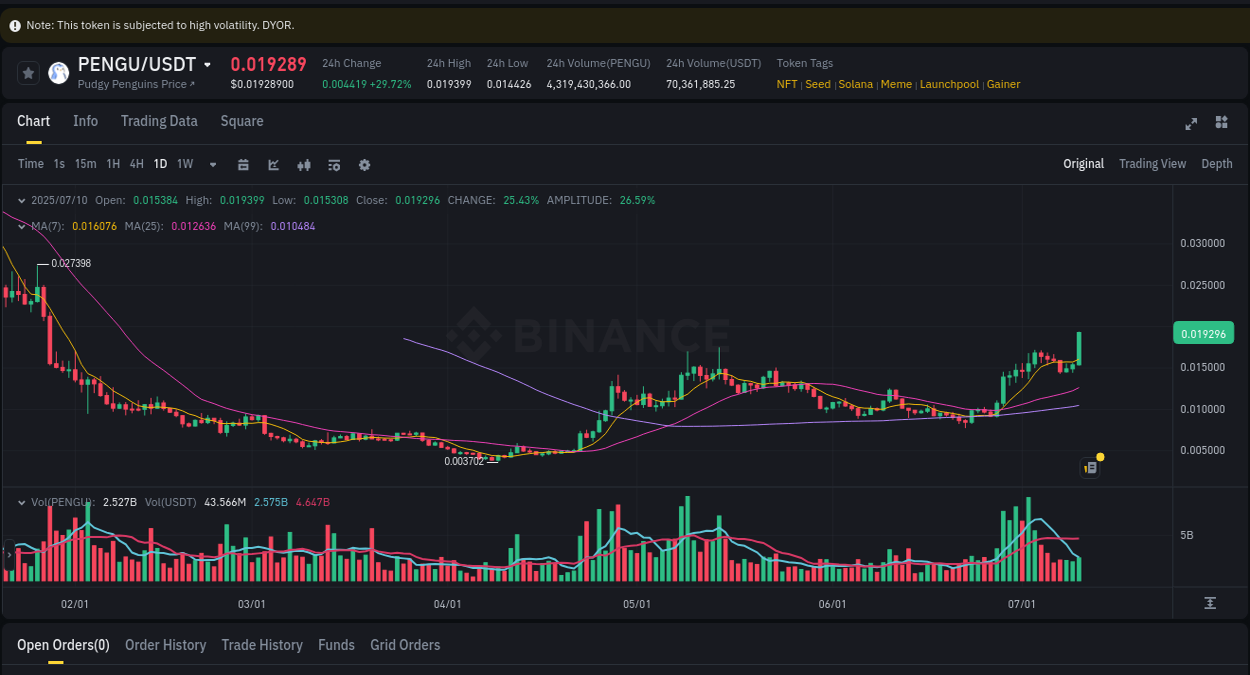 Gain insights into PENGU's pump activity on Binance, 10 July 2025, 09:05 Detailed analysis of PENGU's price surge on Binance, 10 July 2025, 09:05