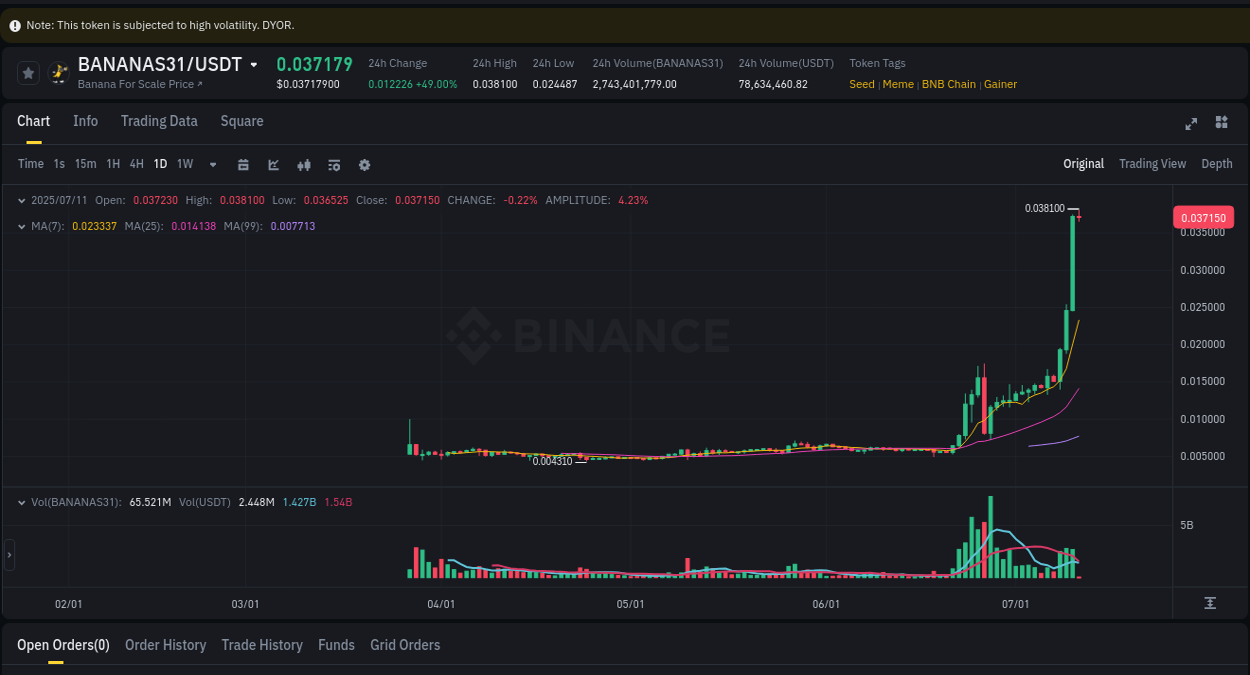 Trading insight: BANANAS31 pump report from Binance, 11 July 2025, 02:06 Trading insight: BANANAS31 pump report from Binance, 11 July 2025, 02:06