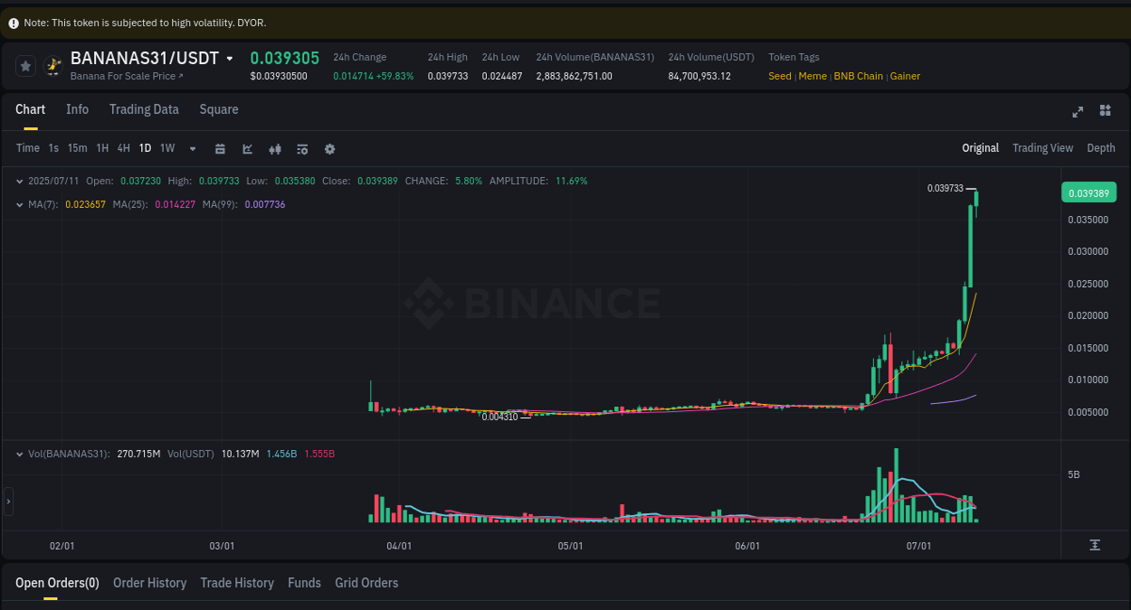 Learn about the BANANAS31 price movement analysis from Binance, 11 July 2025, 03:01 BANANAS31 trading report showing pump trends on Binance, 11 July 2025, 03:01