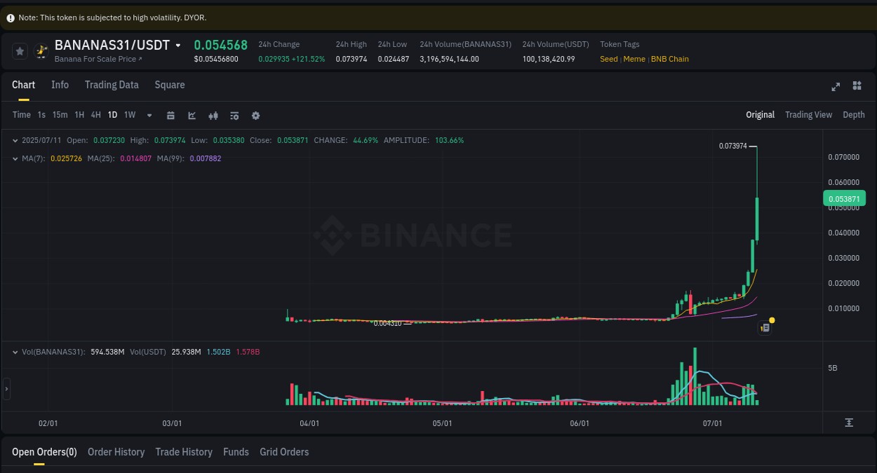 Explore the crypto pump report for BANANAS31 on Binance, 11 July 2025, 03:10 Crypto market report: BANANAS31 pump on Binance, 11 July 2025, 03:10