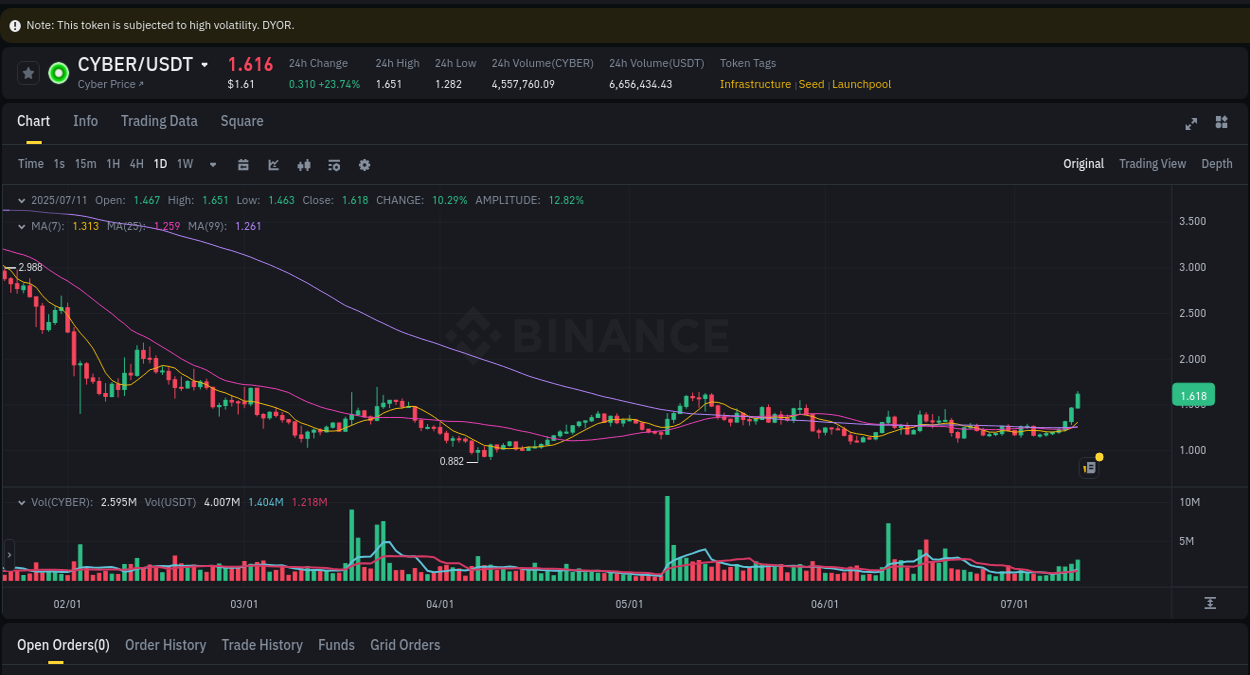 See the trading data for CYBER pump on Binance, 11 July 2025, 05:15 Trading data for CYBER pump on Binance, 11 July 2025, 05:15