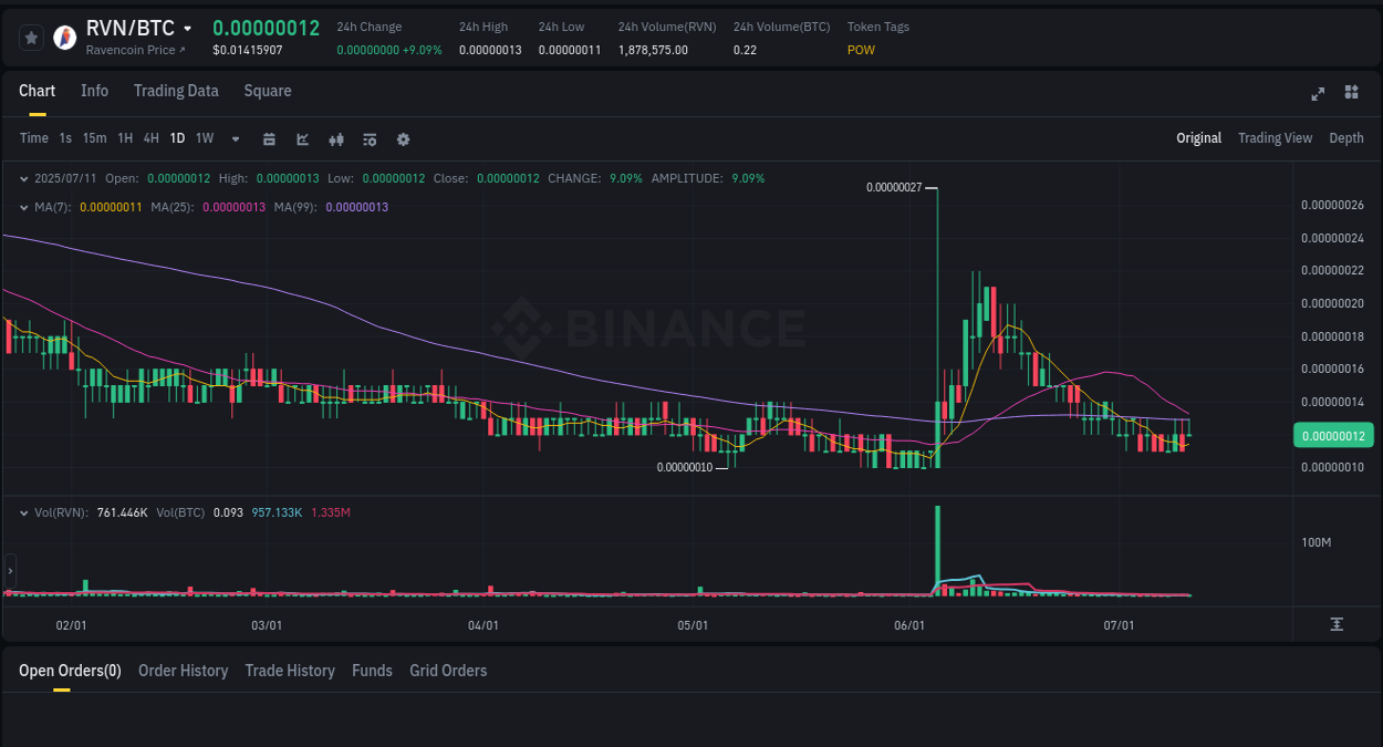 Binance exchange pump report for RVN, 11 July 2025, 16:13 Detailed report of RVN's pump on Binance at 11 July 2025, 16:13