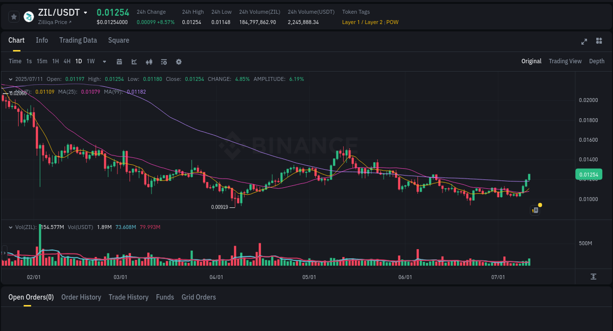 See the trading data for ZIL pump on Binance, 11 July 2025, 20:14 Trading data for ZIL pump on Binance, 11 July 2025, 20:14