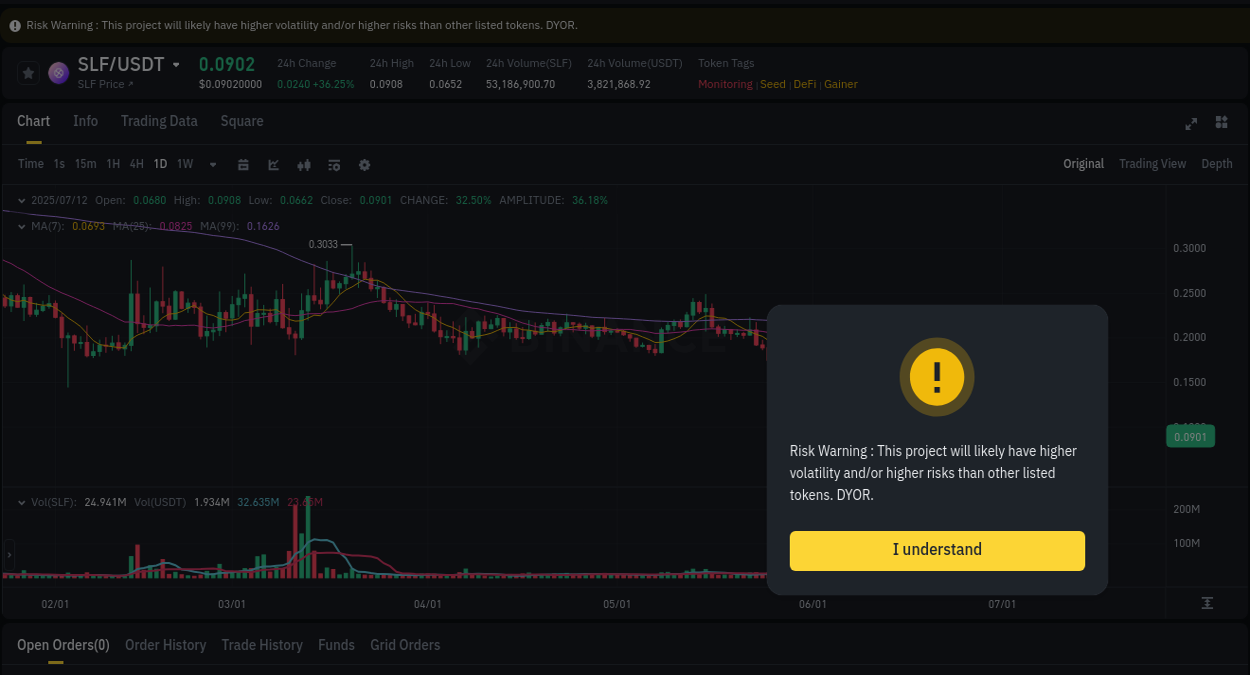 View trading insights for SLF pump on Binance, 12 July 2025, 07:41 Binance trading insights for SLF pump, 12 July 2025, 07:41