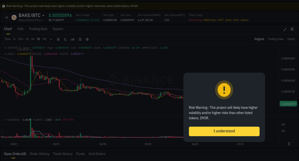Trading insight: BAKE pump report from Binance, 12 July 2025, 08:09 Crypto pump analytics for BAKE on Binance, 12 July 2025, 08:09