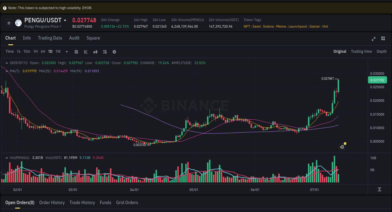 Check the pump report for PENGU on Binance at 13 July 2025, 13:37 Pump report for PENGU on Binance at 13 July 2025, 13:37