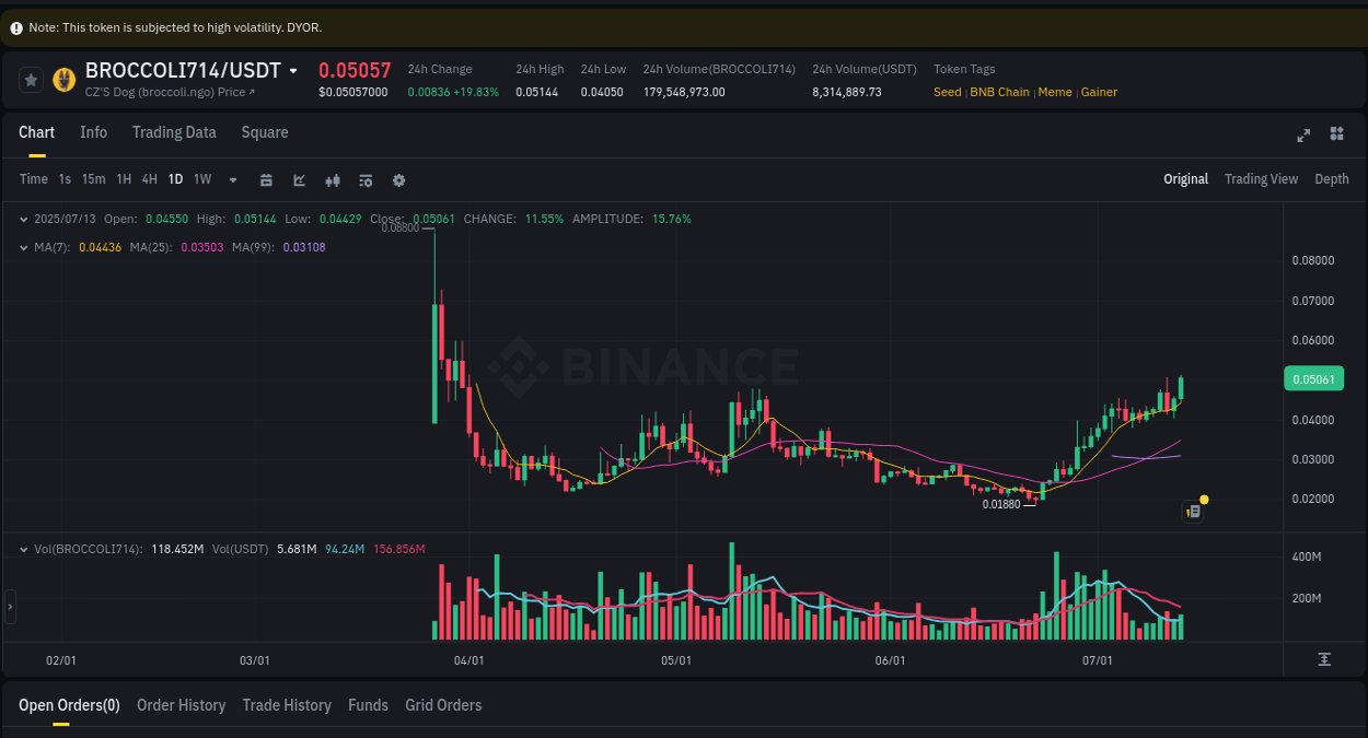See the trading data for BROCCOLI714 pump on Binance, 13 July 2025, 14:15 Trading data for BROCCOLI714 pump on Binance, 13 July 2025, 14:15