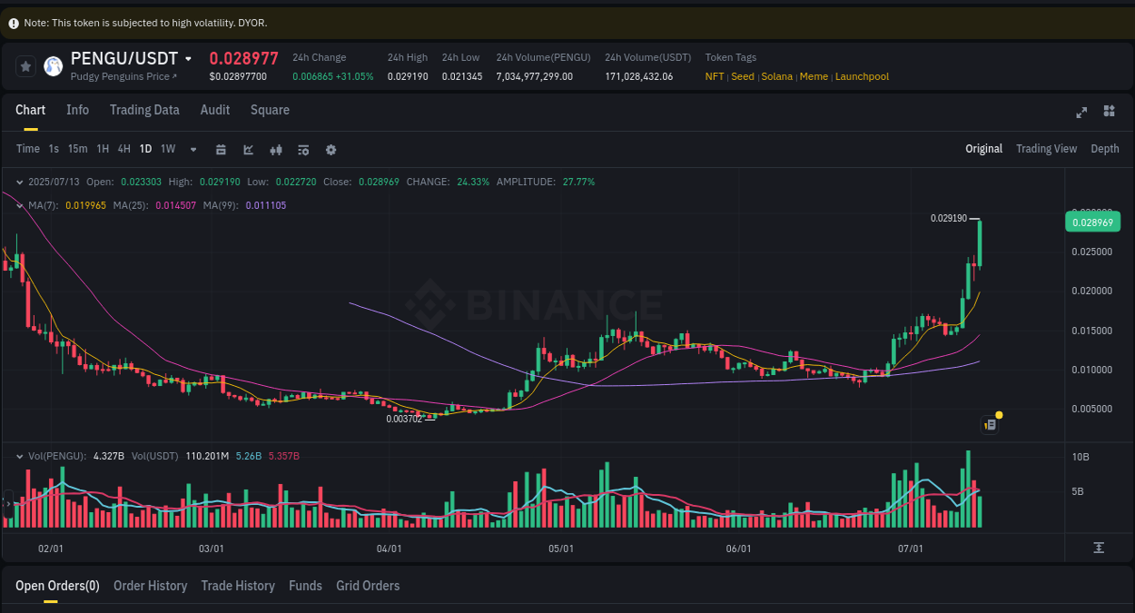 Explore the pump analysis for PENGU on Binance, 13 July 2025, 14:21 Binance pump analysis for PENGU, 13 July 2025, 14:21