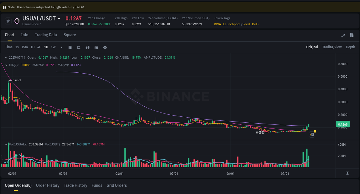 Analysis of USUAL pump activity on Binance at 14 July 2025, 07:37