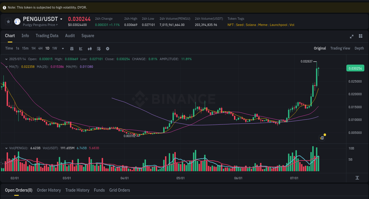 Explore the PENGU price surge report from Binance, timestamp: 15 July 2025, 00:27 PENGU price surge report from Binance, timestamp: 15 July 2025, 00:27