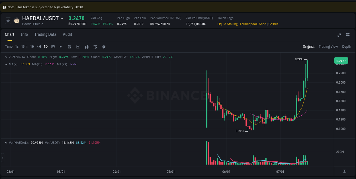 Get insights into the crypto pump for HAEDAL on Binance, 16 July 2025, 21:55 Crypto pump insights: HAEDAL on Binance, 16 July 2025, 21:55