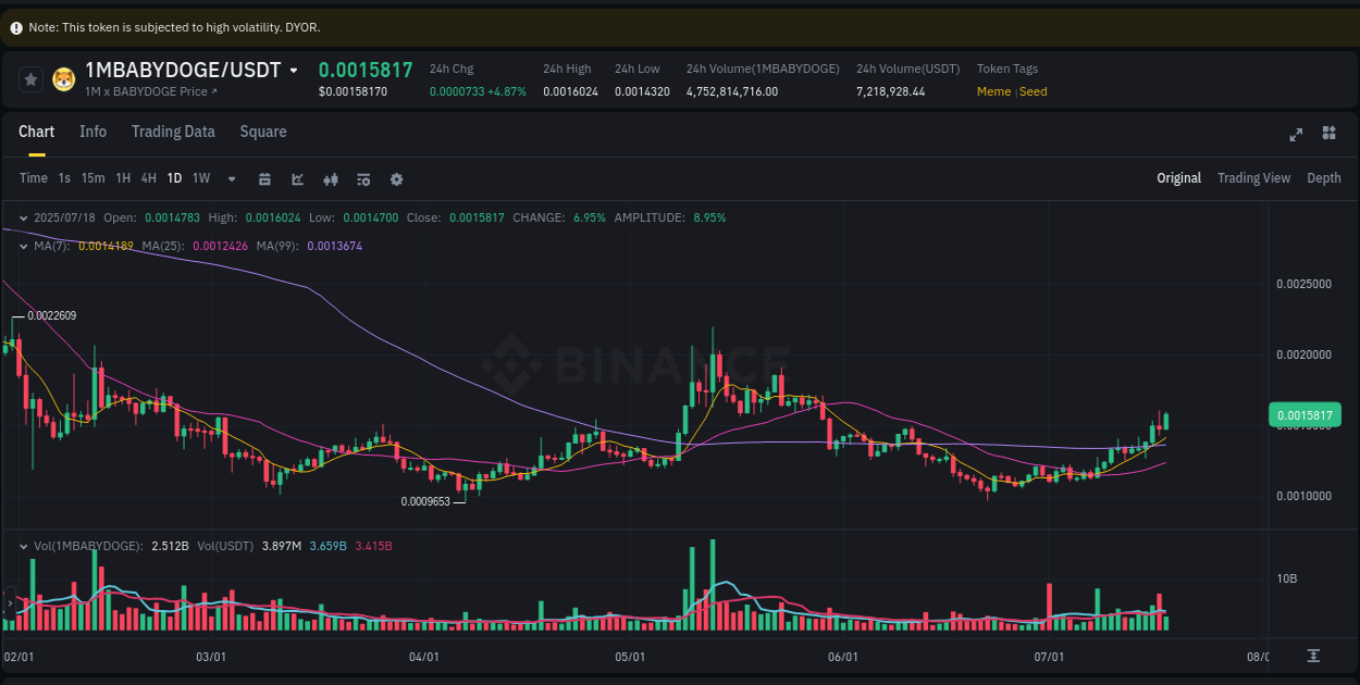 Liquidity analysis: 1MBABYDOGE pump execution on Binance, 18 July 2025, 15:29