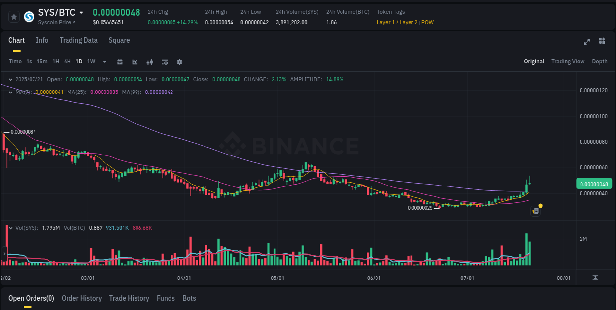 Momentum analysis: SYS surge breakdown on Binance, 21 July 2025, 15:03 Binance pump data for SYS at 21 July 2025, 15:03